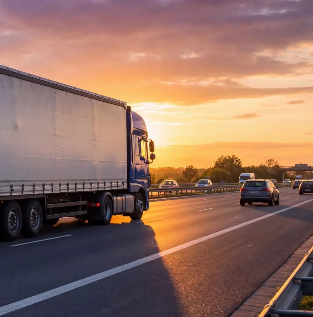 Lkw einer hessischen Spedition auf der Autobahn im Sonnenuntergang